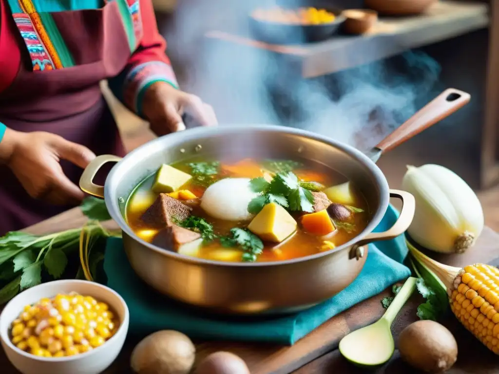 Una escena de cocina peruana tradicional con una gran olla de Patasca: caldo andino tradicional, cocinado por un chef experto