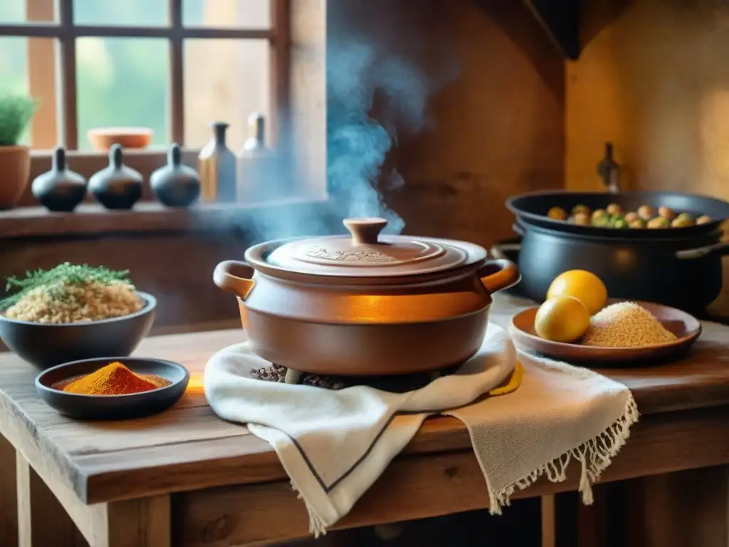 Una escena de cocina rústica con un guiso de Seco de Cordero en una olla de barro sobre estufa de leña, bañada en una cálida luz dorada