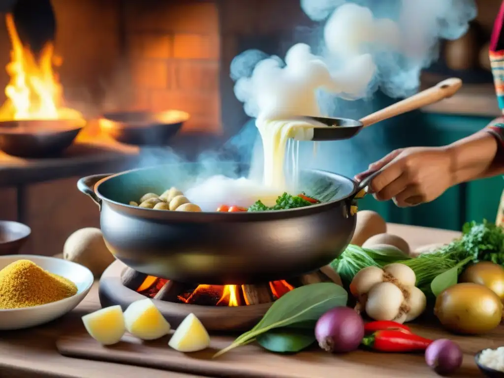 Una escena de cocina tradicional peruana con un chef preparando ajiaco de olluco