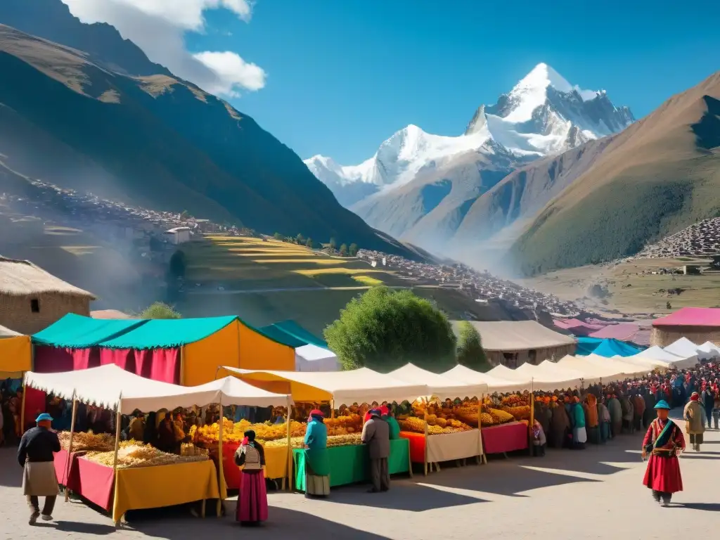 Escena colorida del Festival del Choclo en Huaraz: trajes andinos, platos de maíz y la majestuosa Cordillera Blanca de fondo