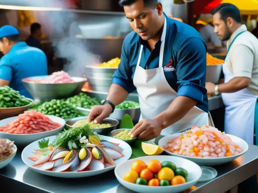 Escena colorida en mercado peruano con puestos de mariscos, cítricos y ingredientes tradicionales