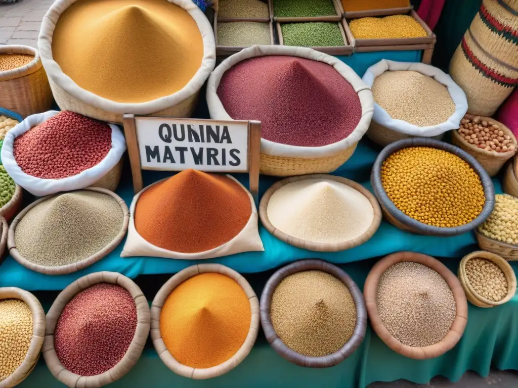 Escena colorida de mercado peruano con granos andinos en cestas tejidas y textiles tradicionales