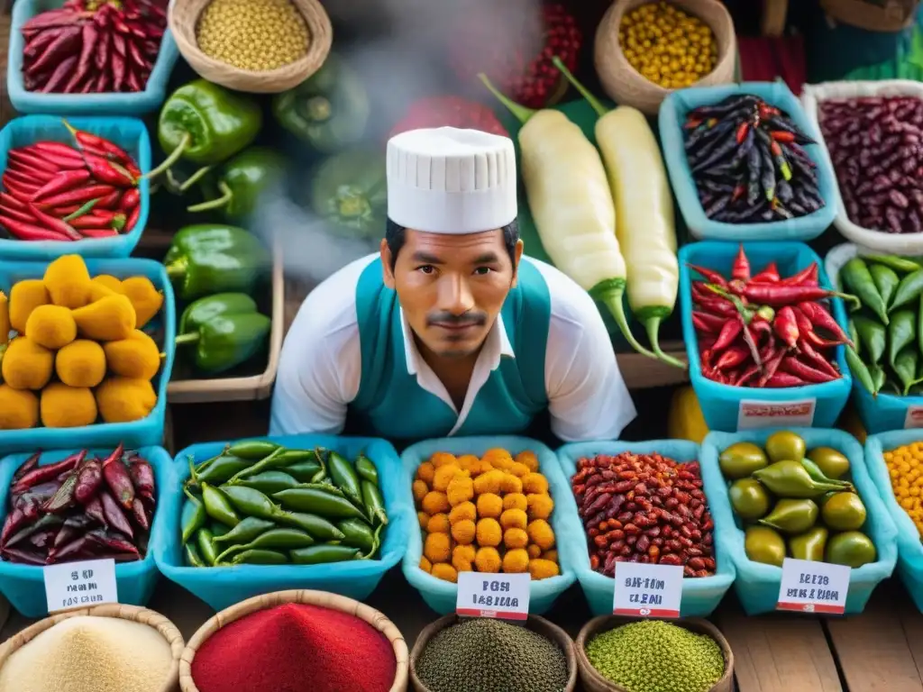 Una escena colorida del mercado peruano resaltando la importancia de los ingredientes autóctonos en la gastronomía peruana