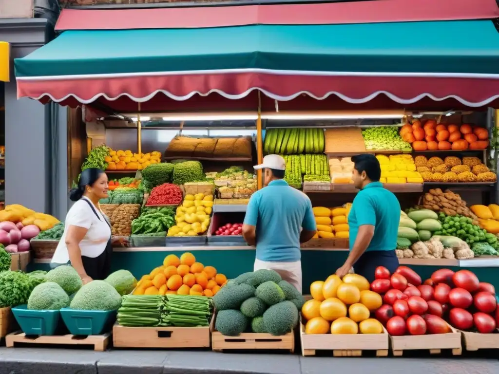 Escena colorida de mercado peruano en Nueva York con productos frescos y vendedores locales, reflejando la cocina peruana en Nueva York