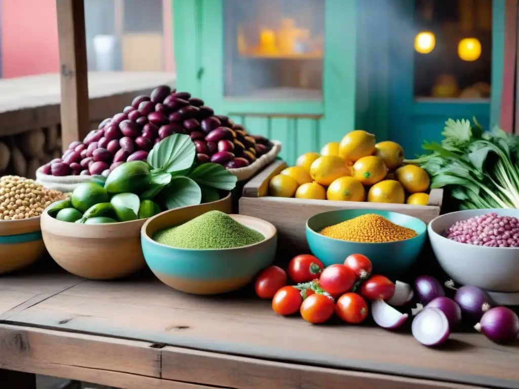 Escena colorida de mercado peruano con ingredientes frescos para ceviche de Tarwi receta peruana