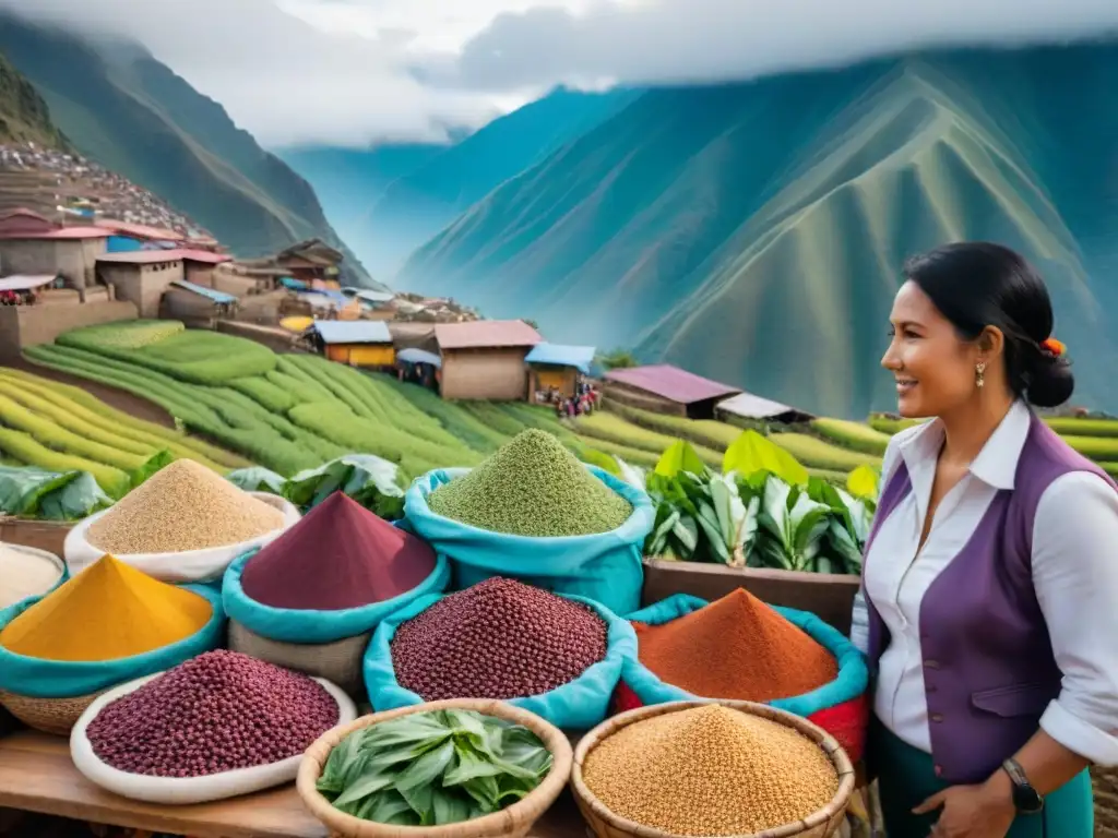 Escena colorida en un mercado peruano con superalimentos como quinua y maíz morado