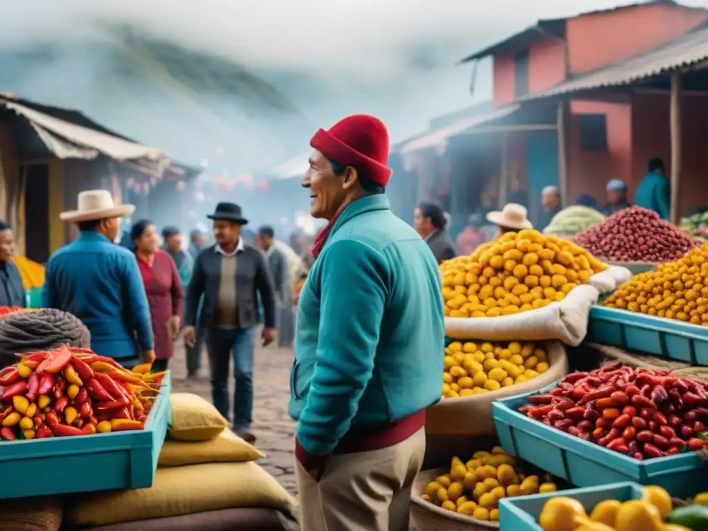 Escena colorida en mercado peruano con ají amarillo fresco, destacando beneficios del ají amarillo