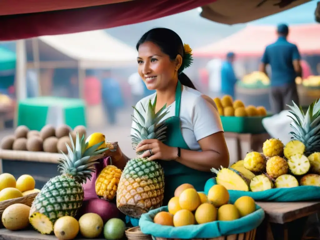 Escena colorida en mercado peruano: mujeres vendiendo piña, preparación de chicha