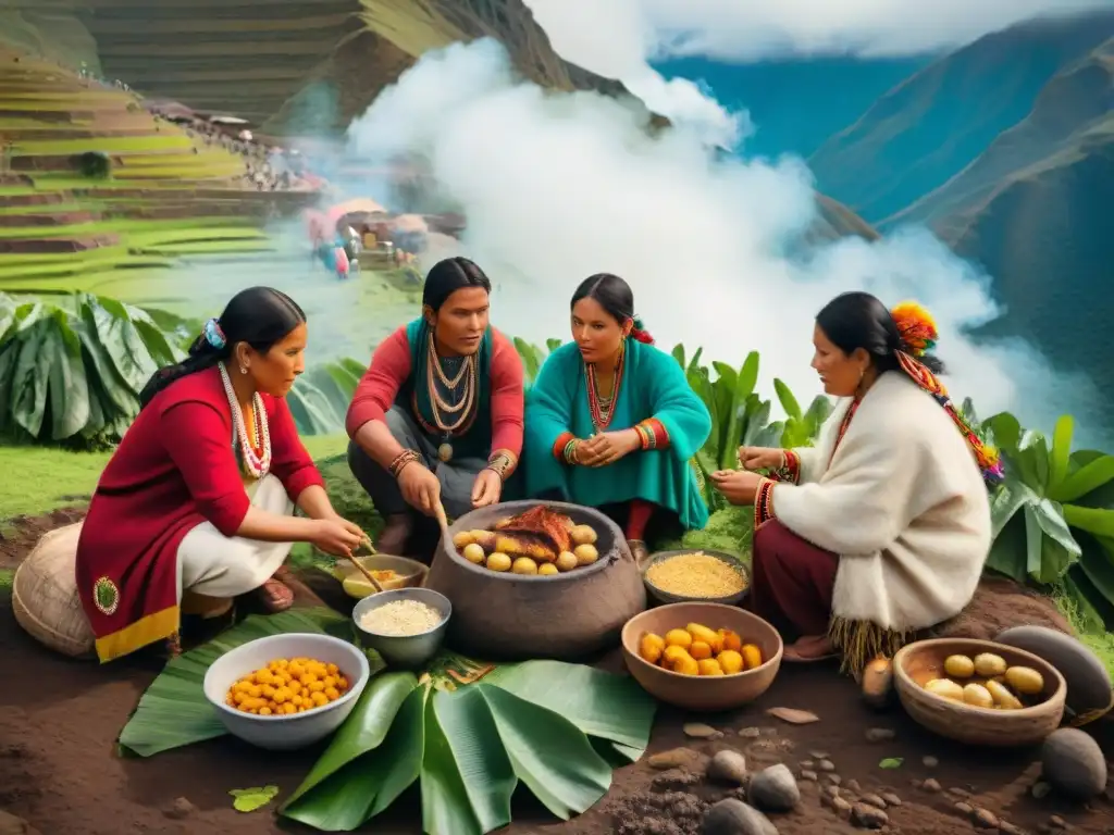Vibrante Pachamanca en los Andes: tradición culinaria peruana en 8k Escena colorida de preparación tradicional de Pachamanca peruana en los Andes
