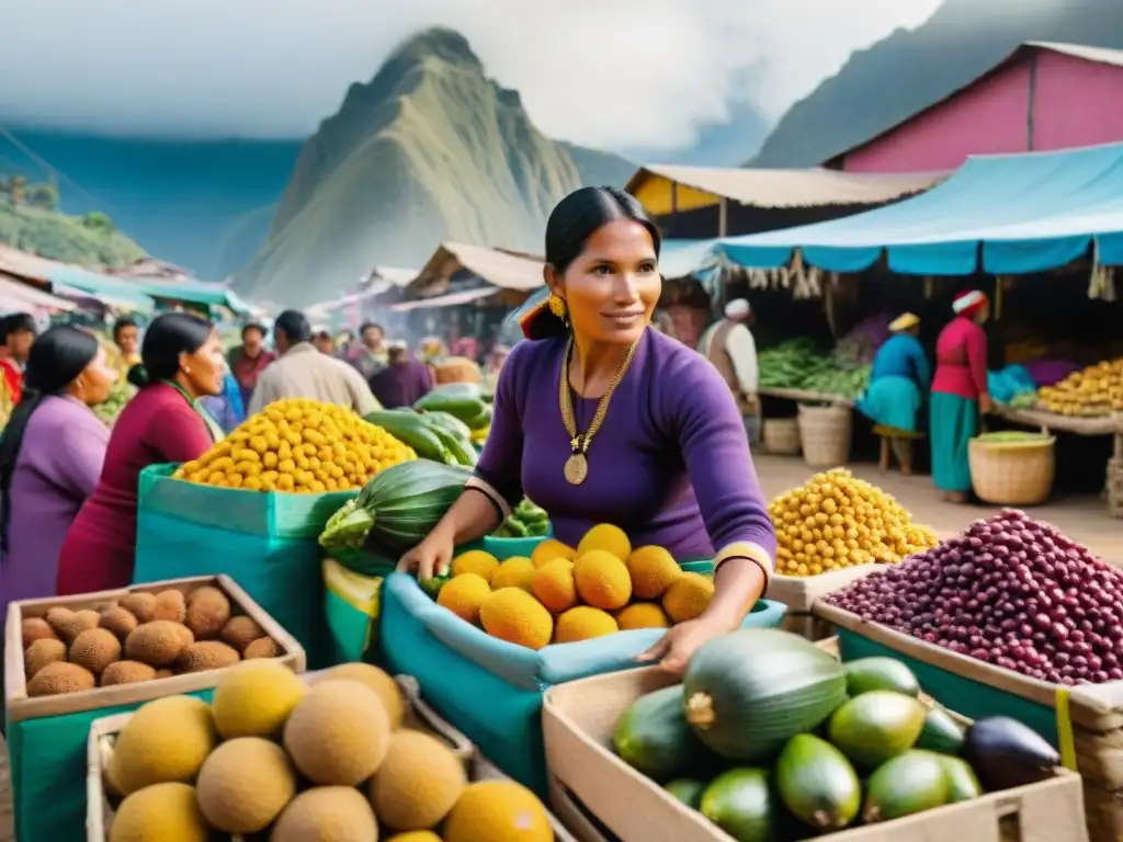 Una escena colorida y vibrante de un mercado local en Perú, con frutas y verduras frescas