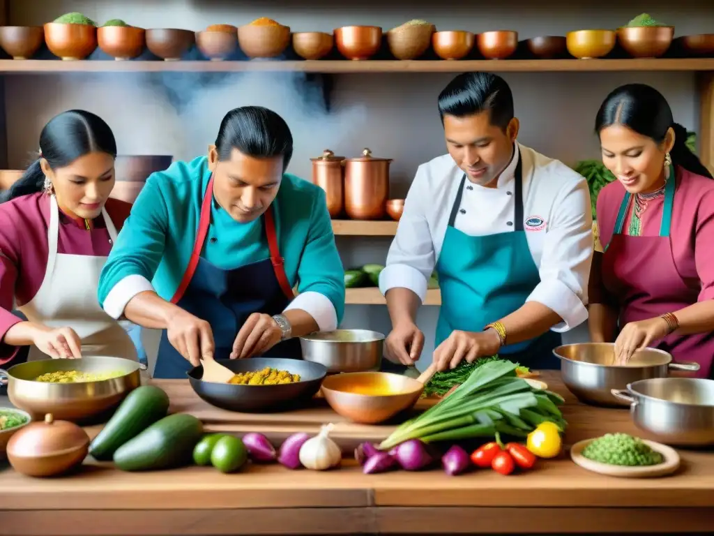 Una escena conmovedora de chefs peruanos en atuendos tradicionales, preparando ingredientes nativos de Perú en una mesa de madera