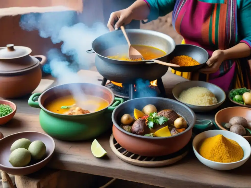 Cocina peruana tradicional: olluquito con charqui Una escena conmovedora de cocina peruana tradicional: Receta olluquito con charqui peruano, mujeres andinas preparando platos coloridos