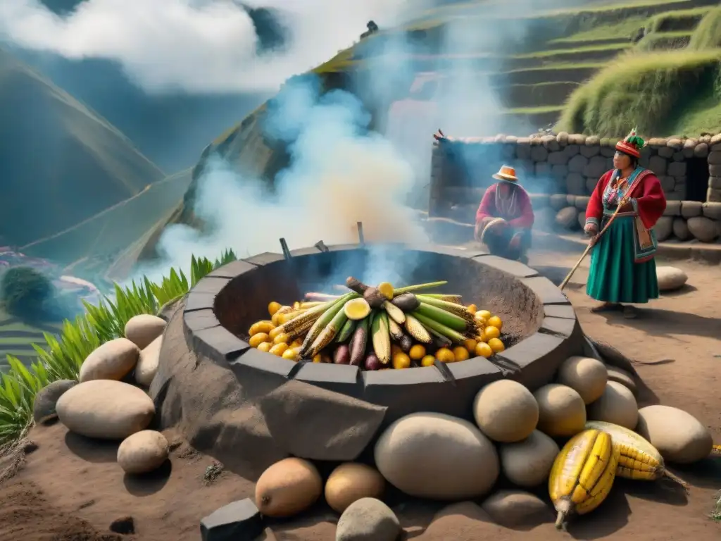 Preparando Pachamanca: Tradición culinaria peruana en familia Una escena conmovedora de preparación tradicional de Pachamanca peruana en familia, resaltando unión y cultura ancestral