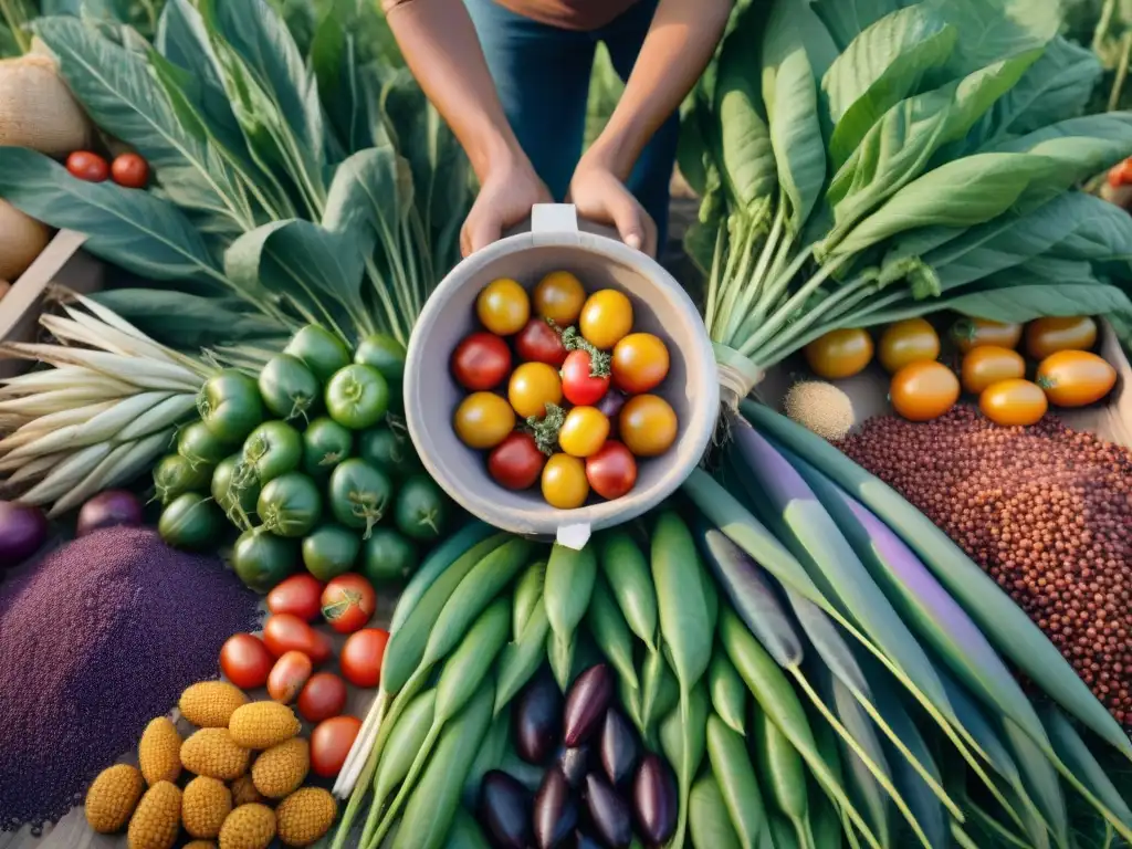 Escena de cosecha de cultivos indígenas vibrantes en un paisaje agrícola biodiverso