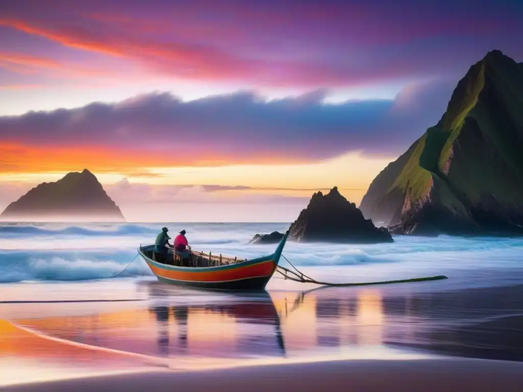 Escena costera al atardecer con pescadores peruanos capturando conchas negras para ceviche afrodisíaco