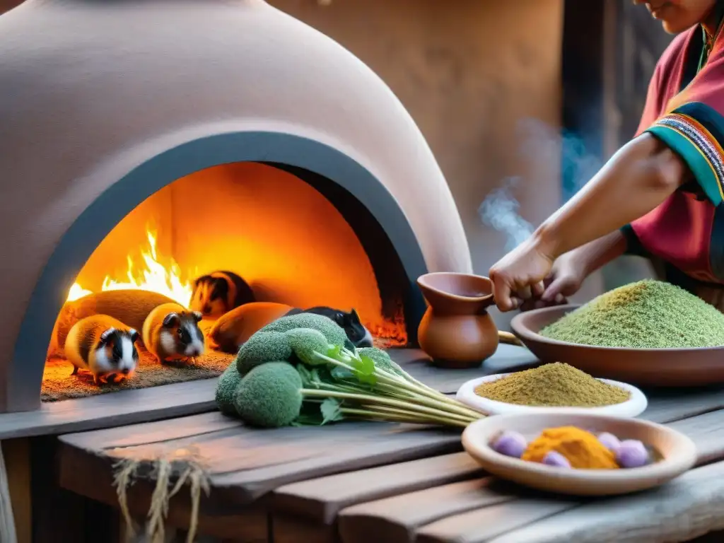 Escena culinaria andina con receta auténtica cuy al horno en un ambiente cálido y tradicional del Andes