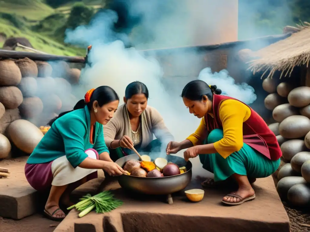 Una escena detallada y auténtica de la preparación de Pachamanca por un grupo de aldeanos peruanos, reflejando orgullo cultural