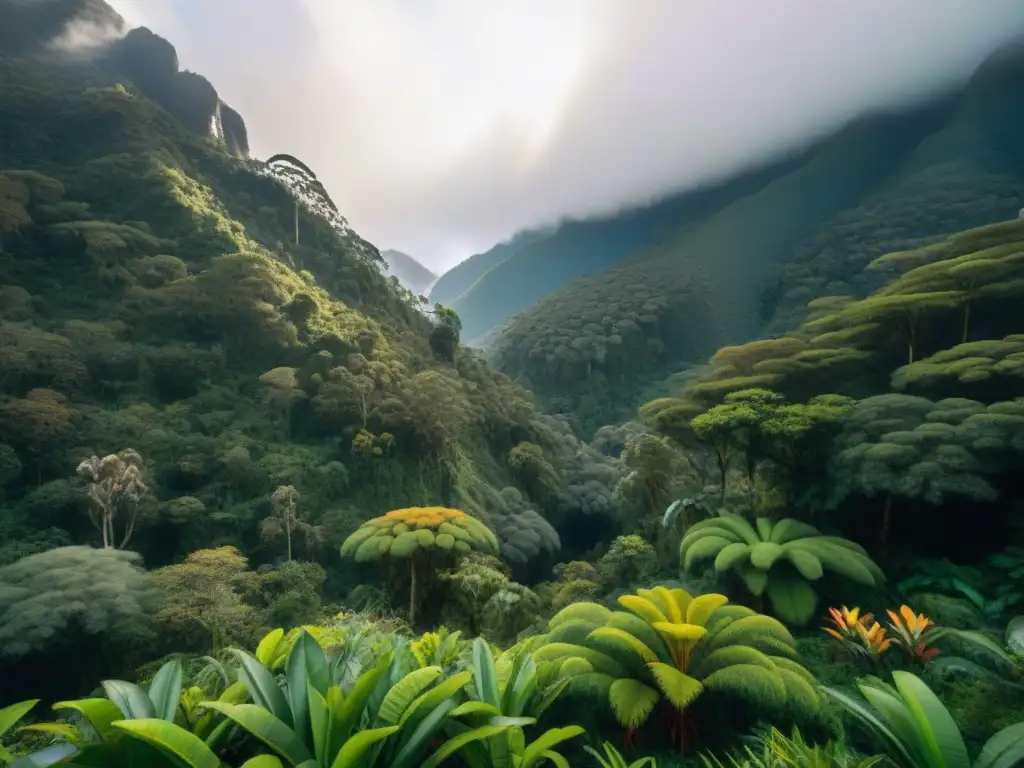 Escena detallada de un bosque andino en Perú con flora nativa y aves exóticas