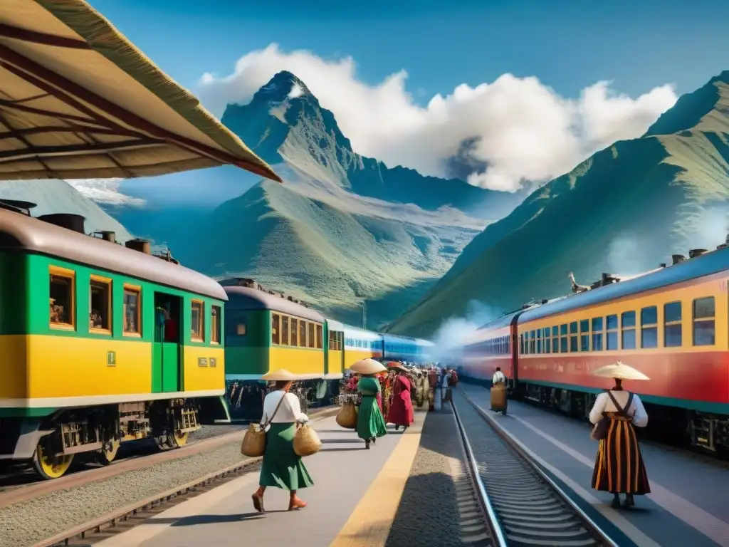 Una escena detallada de una bulliciosa estación de tren en Perú, fusionando la importancia de los ferrocarriles con la rica gastronomía peruana