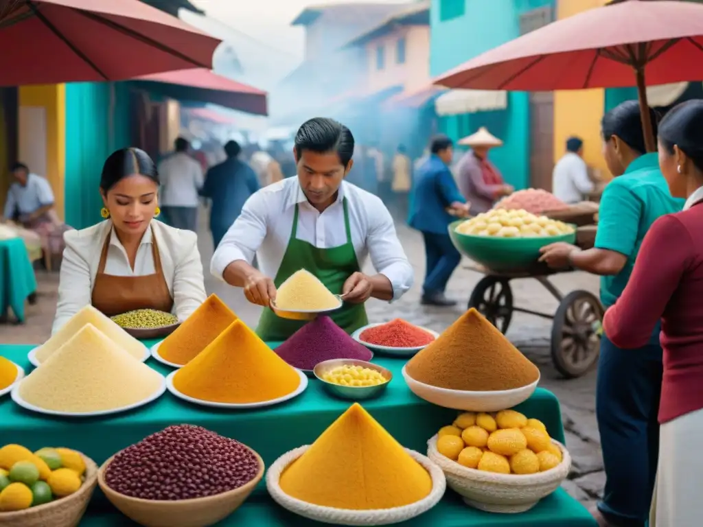 Una escena detallada del bullicioso mercado limeño del siglo XIX, donde vendedores elaboran y venden el tradicional postre 'Suspiro a la Limeña'