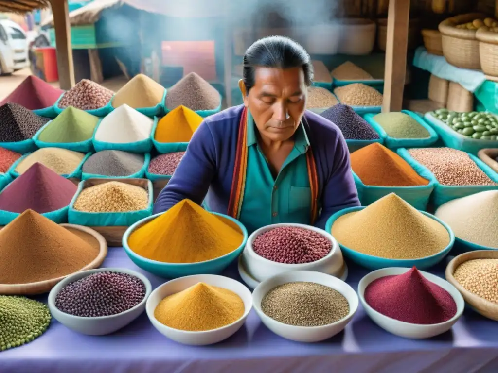 Escena detallada de un bullicioso mercado peruano con exhibiciones vibrantes de superalimentos como quinua, maca y maíz morado