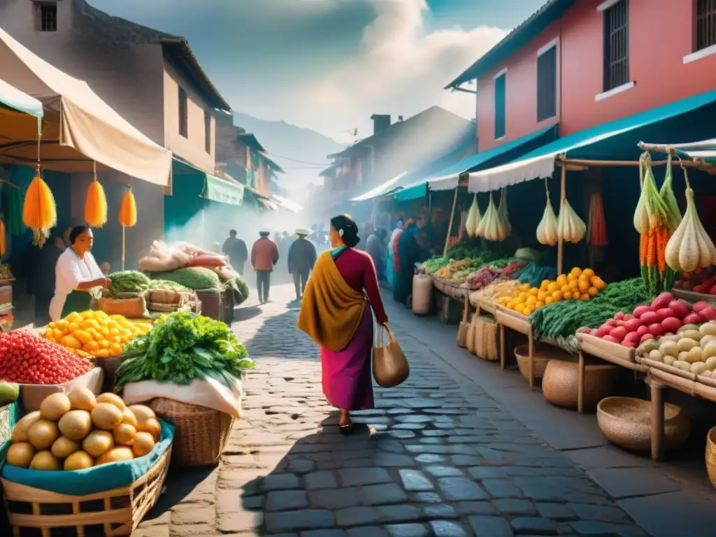 Una escena detallada de un bullicioso mercado peruano auténtico, donde la vida y los colores se mezclan en un ambiente vibrante y tradicional