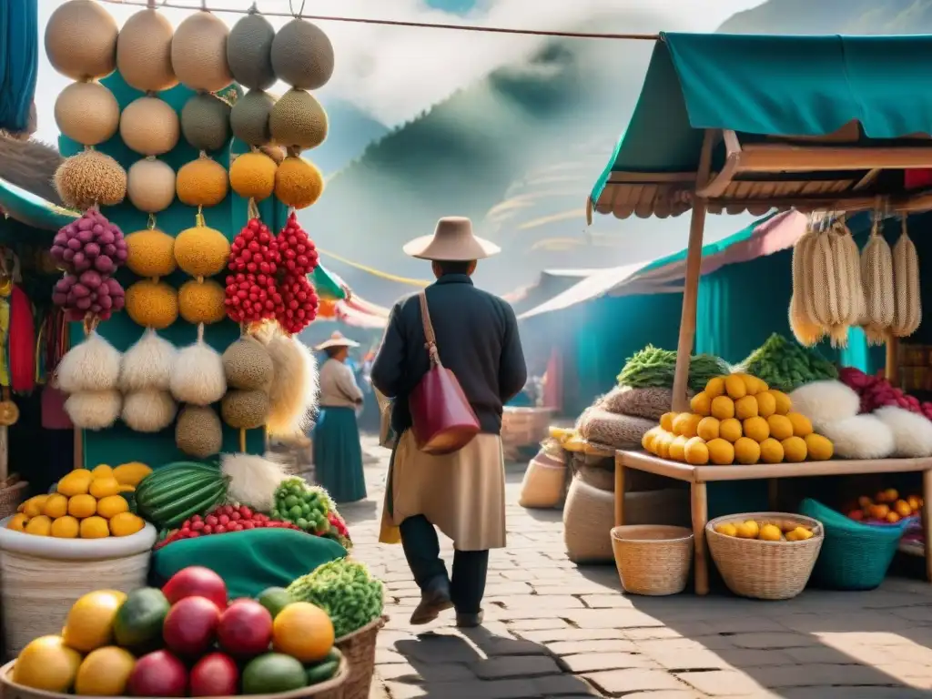 Una escena detallada de un bullicioso mercado peruano, con puestos vibrantes repletos de frutas, verduras y textiles coloridos