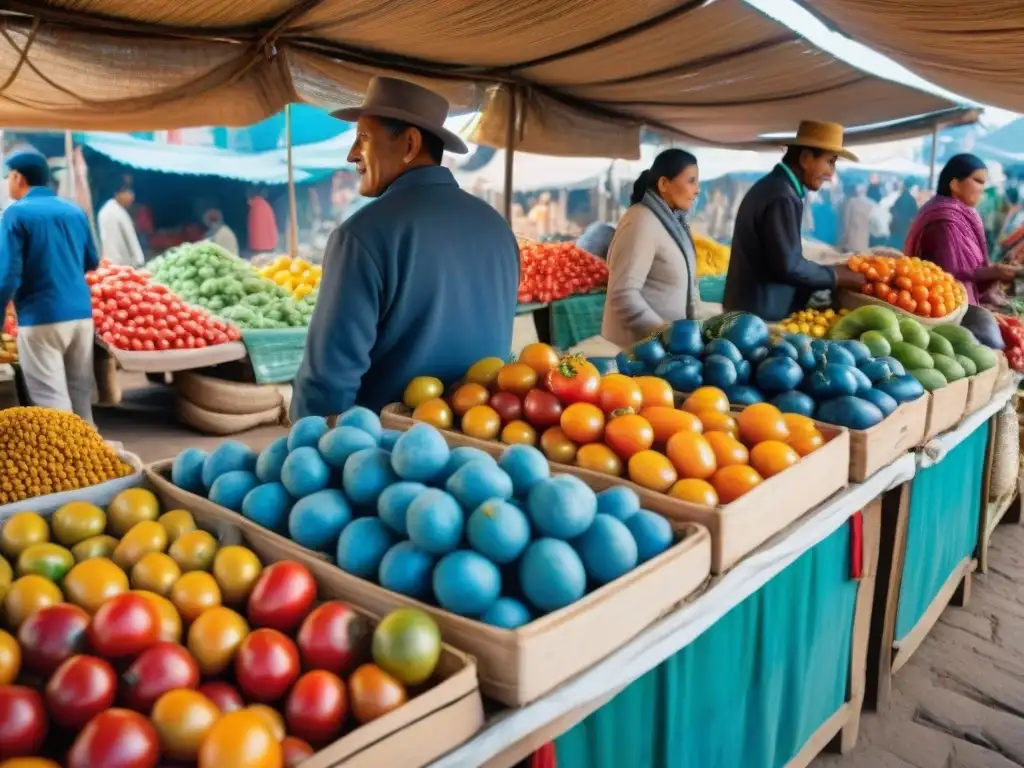 Escena detallada de un bullicioso mercado peruano con diversos tomates andinos coloridos, resaltando la Importancia del tomate andino en Perú