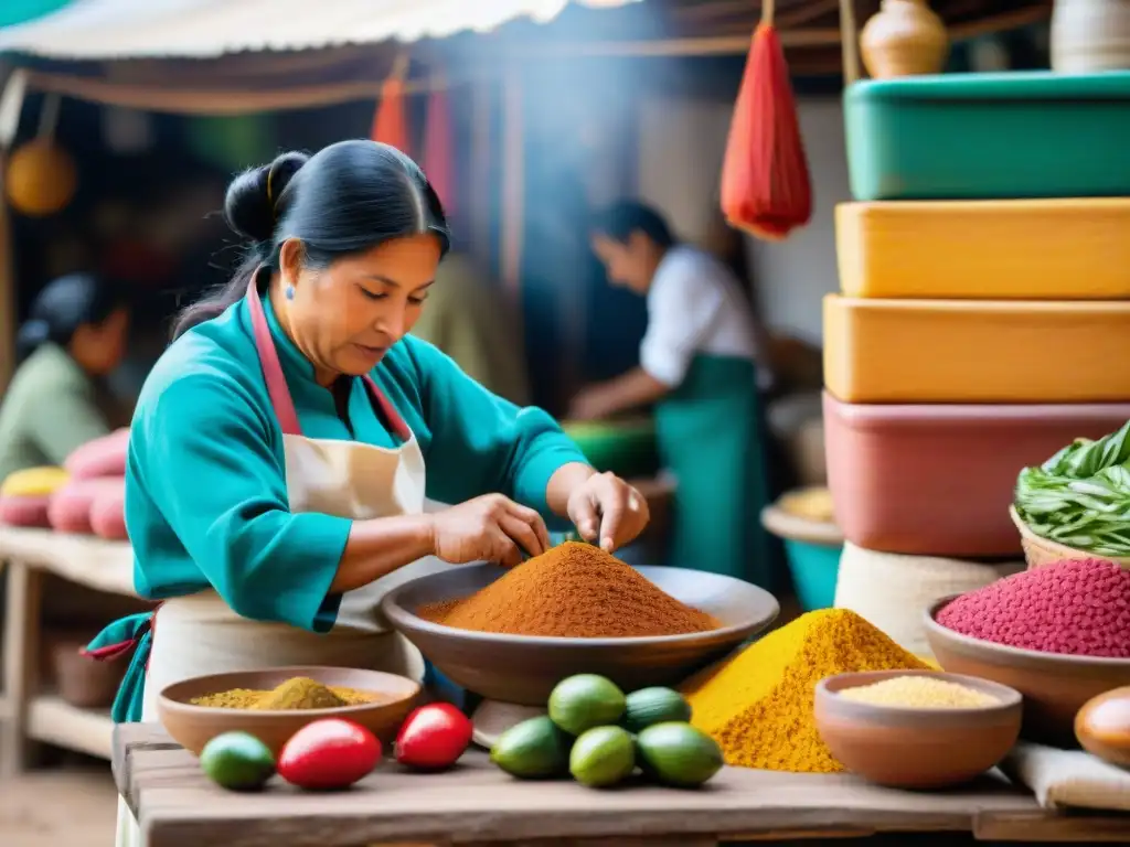 Escena detallada de un bullicioso mercado peruano con textiles, cerámica e impacto gastronomía artesanías creación objetos