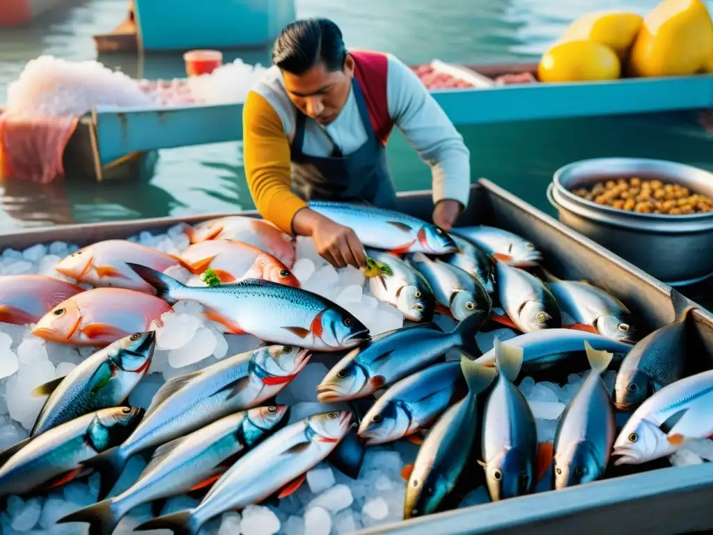 Una escena detallada de un bullicioso mercado de pescado en Perú al amanecer