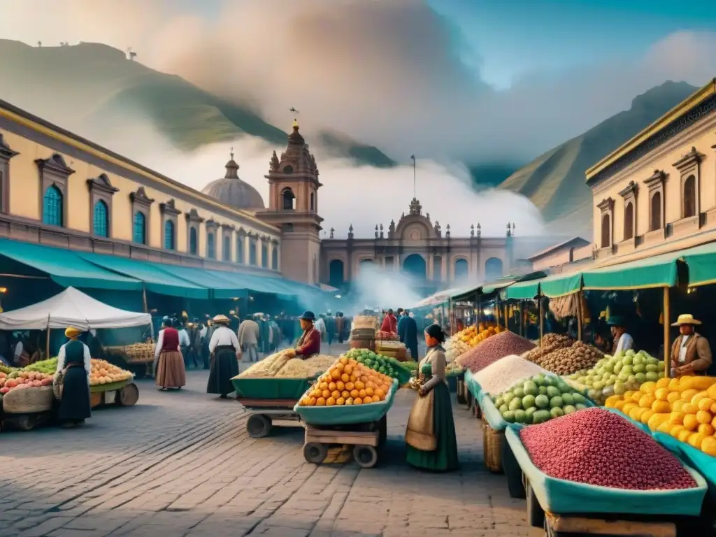 Escena detallada de un bullicioso mercado en Lima, Perú durante la Revolución Industrial en la gastronomía peruana