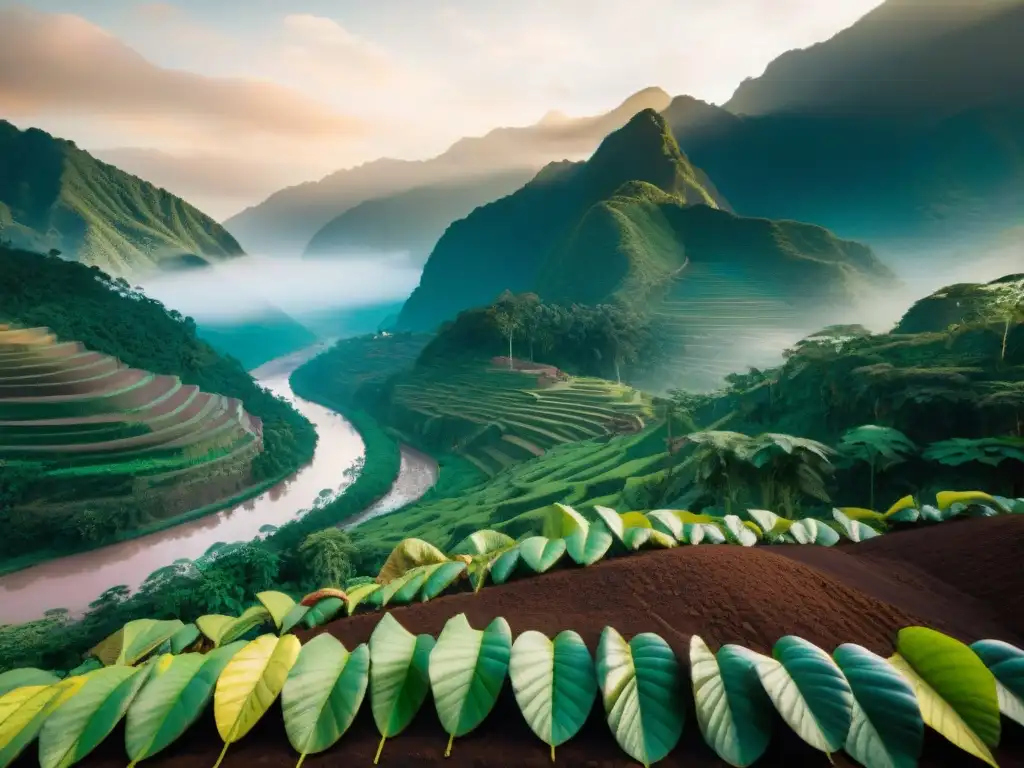 Escena detallada de una plantación de cacao peruano al amanecer, con árboles cargados de vainas coloridas