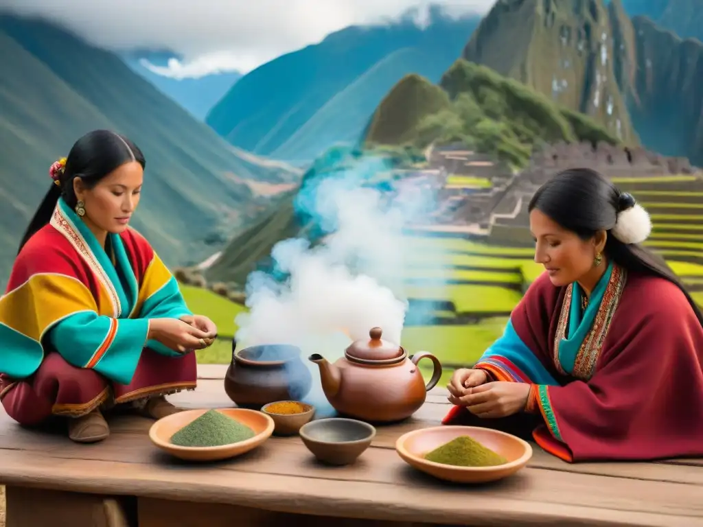 Una escena detallada de una ceremonia tradicional de té peruano en los Andes con artesanos locales, textiles y cerámica vibrante