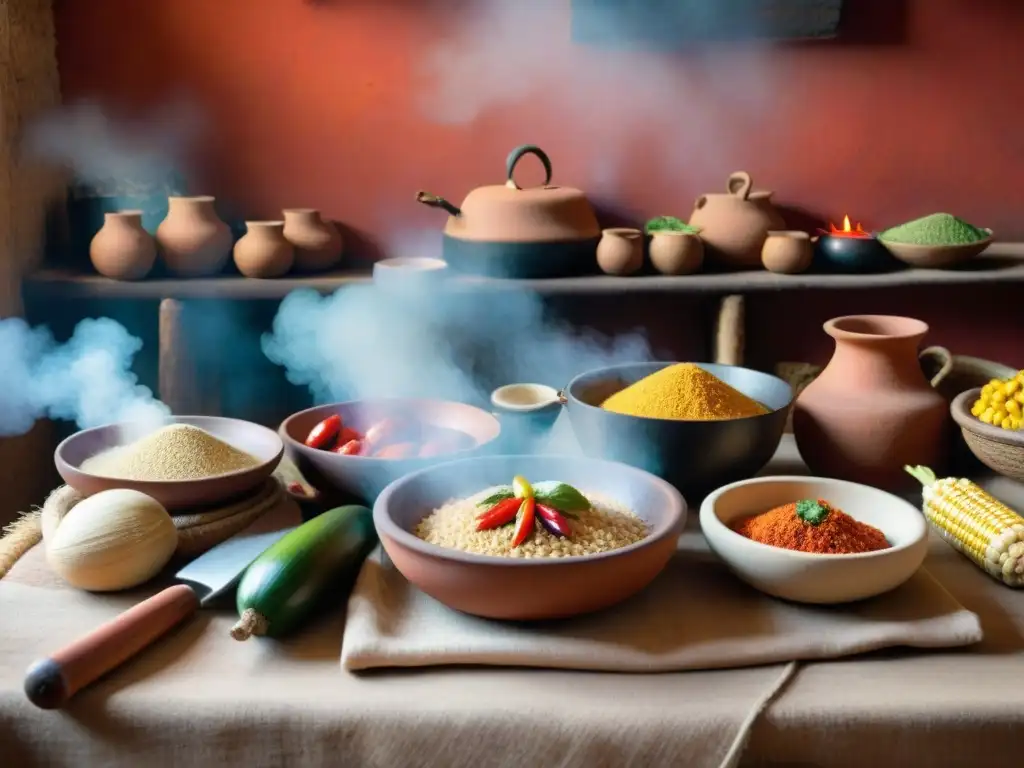 Una escena detallada de una cocina inca antigua con influencia precolombina en la gastronomía peruana