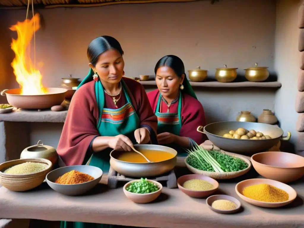 Una escena detallada de una cocina inca tradicional en los Andes, con una olla de guiso burbujeante y mujeres preparando cocina inca