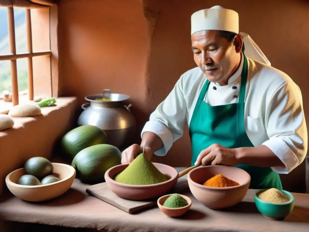 Una escena detallada de una cocina peruana tradicional en los Andes