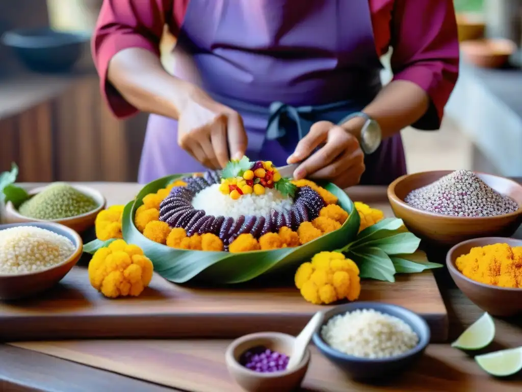 Escena detallada de cocina peruana tradicional con ingredientes autóctonos coloridos y chefs preparando ceviche