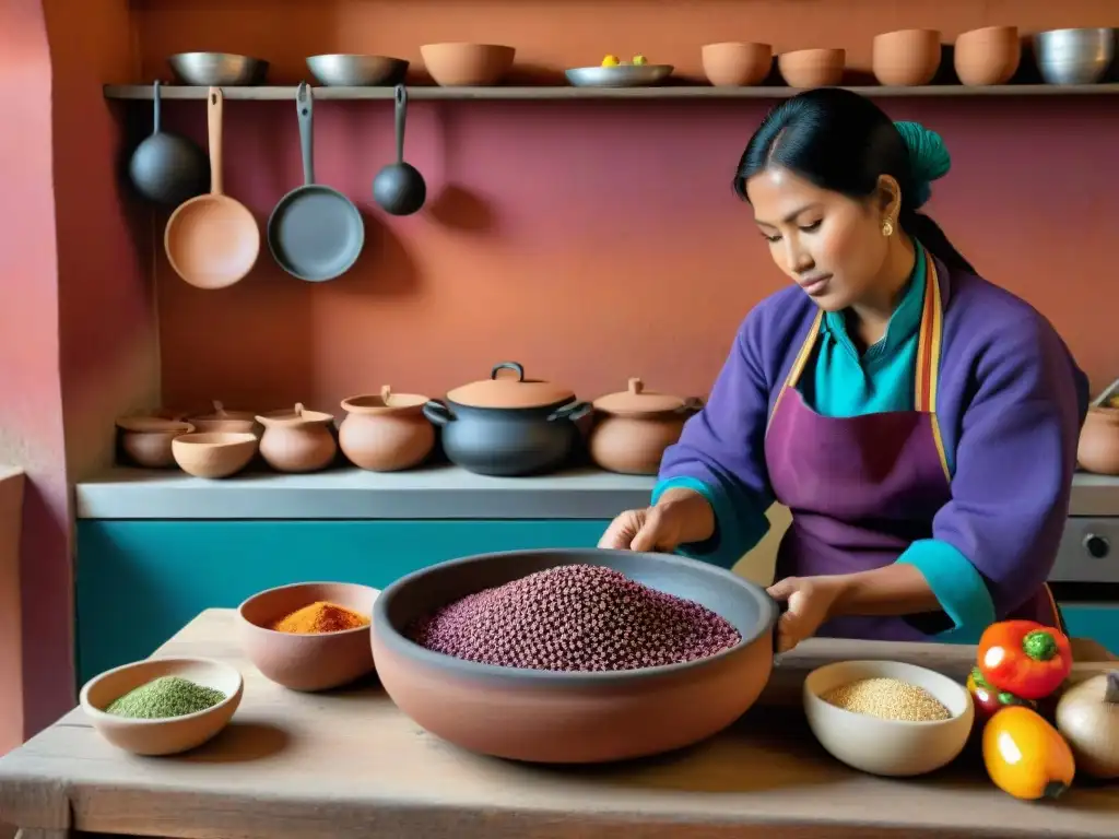 Escena detallada de cocina peruana tradicional en un mercado colorido