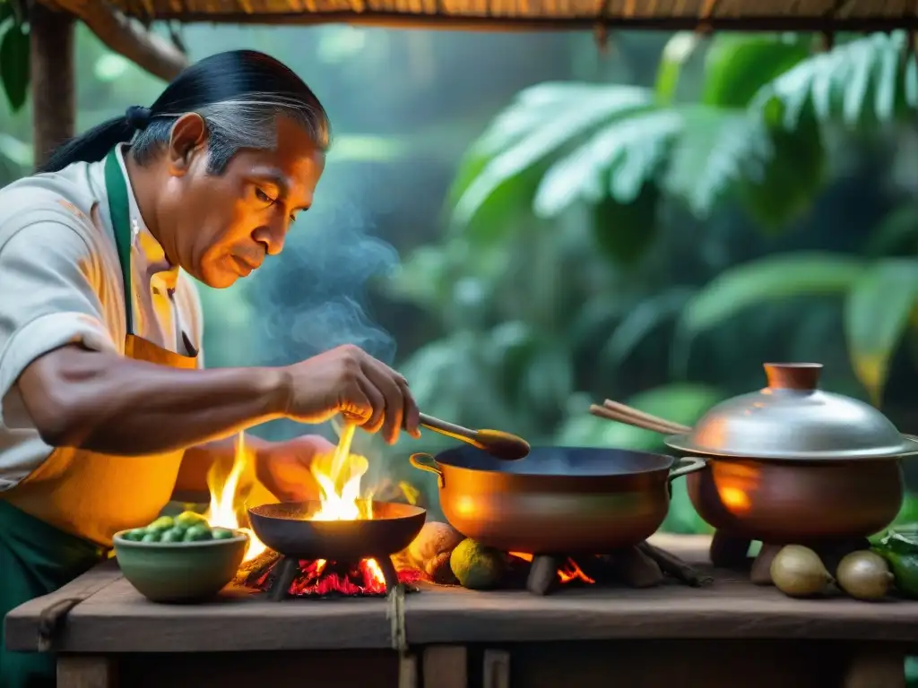 Escena detallada de una cocina amazónica peruana con secretos culinarios únicos