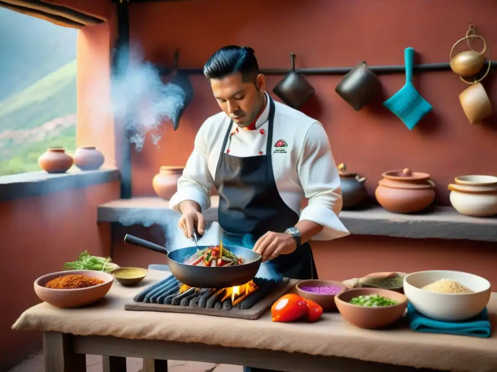 Escena detallada de cocina peruana tradicional con la Piedra de cocinar lomo saltado, ambiente cálido y cultural