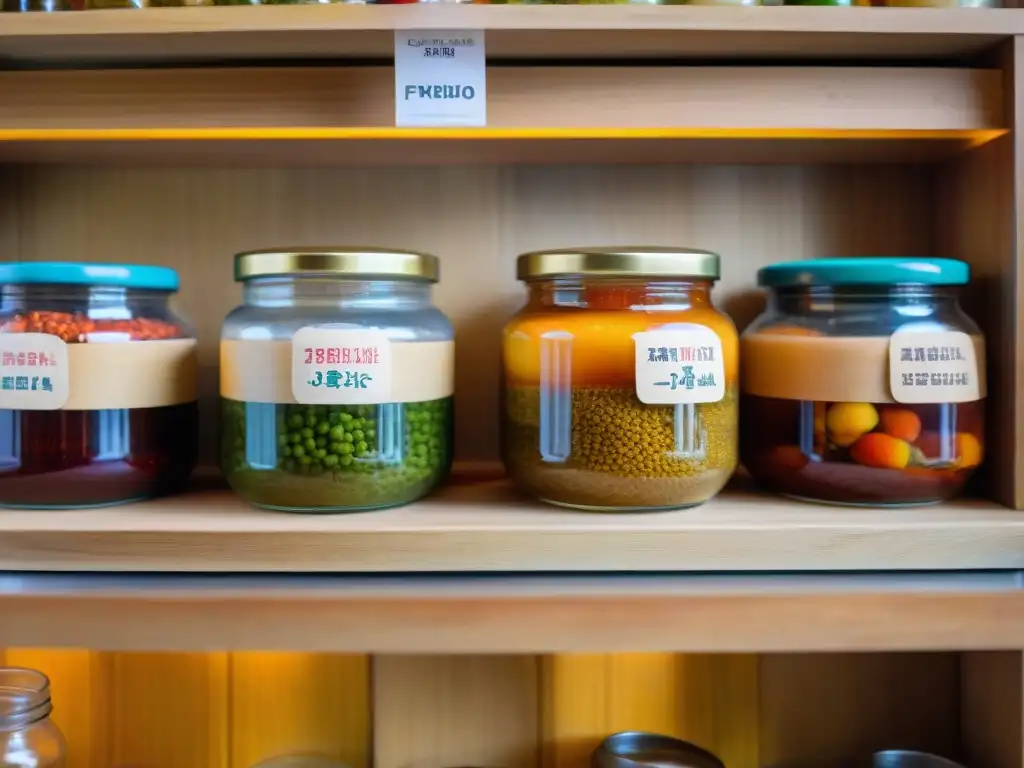 Escena detallada de una cocina peruana tradicional con frascos coloridos de alimentos fermentados como chicha de jora, kimchi y cortido