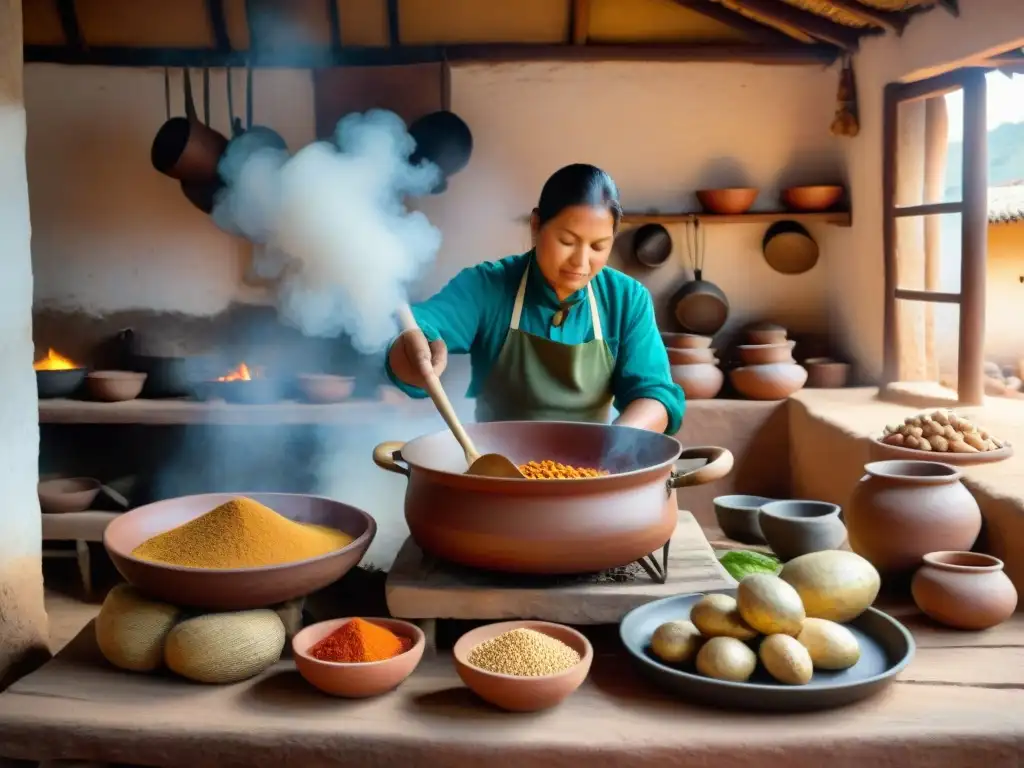 Una escena detallada de una cocina peruana tradicional con ollas de barro, un chef preparando carapulcra y utensilios colgando en la pared