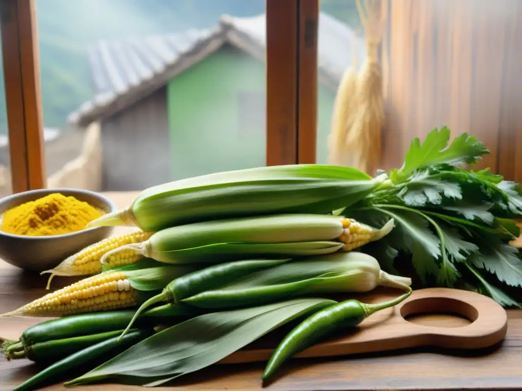 Escena detallada de una cocina peruana tradicional con ingredientes para hacer un Tamalito Verde Perú