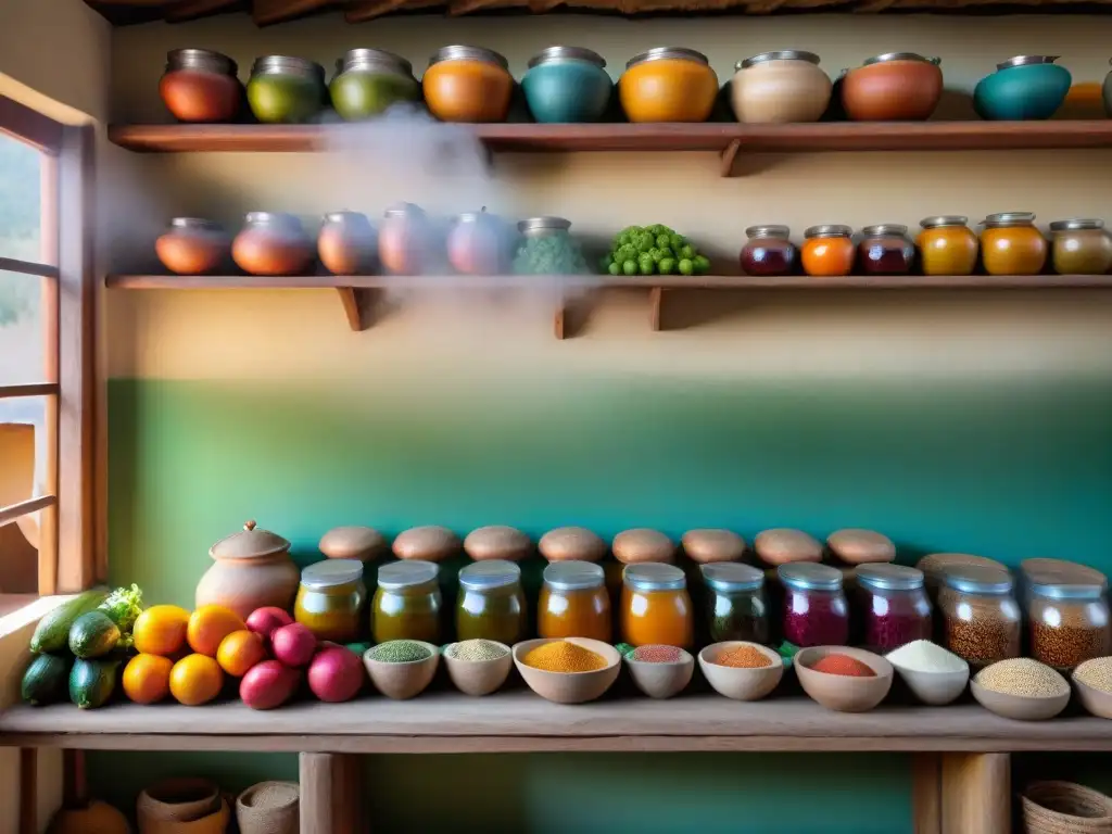 Una escena detallada de una cocina peruana tradicional con fermentados peruanos en estantes de madera