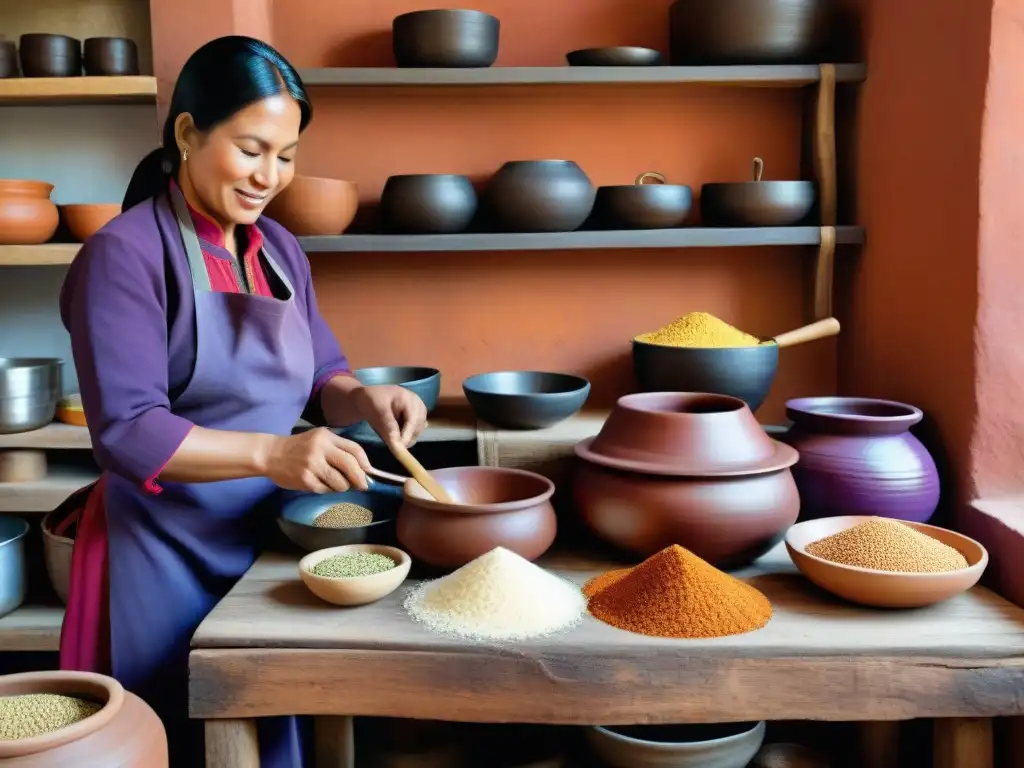 Una escena detallada de una cocina peruana tradicional durante el proceso de fermentación