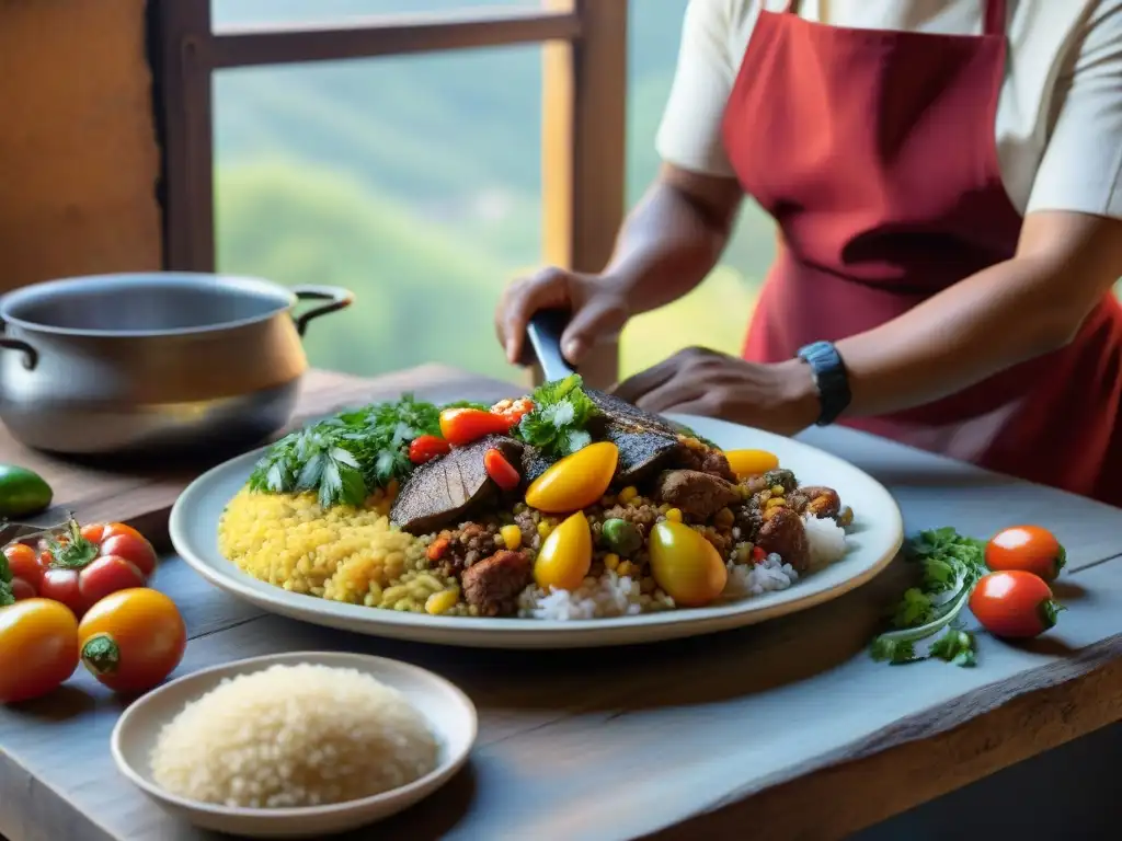 Una escena detallada de cocina peruana tradicional: preparación del icónico Arroz con Pato a la Chiclayana