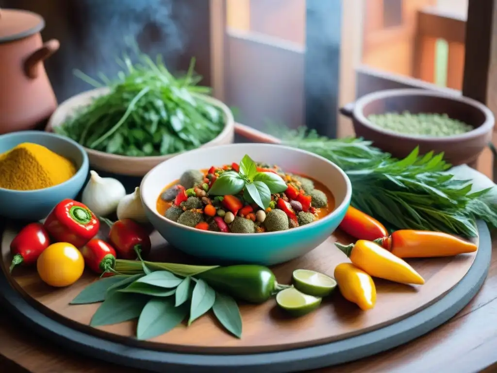 Escena detallada de una cocina peruana tradicional con ingredientes vibrantes para la receta Picante de Cuy Peruano