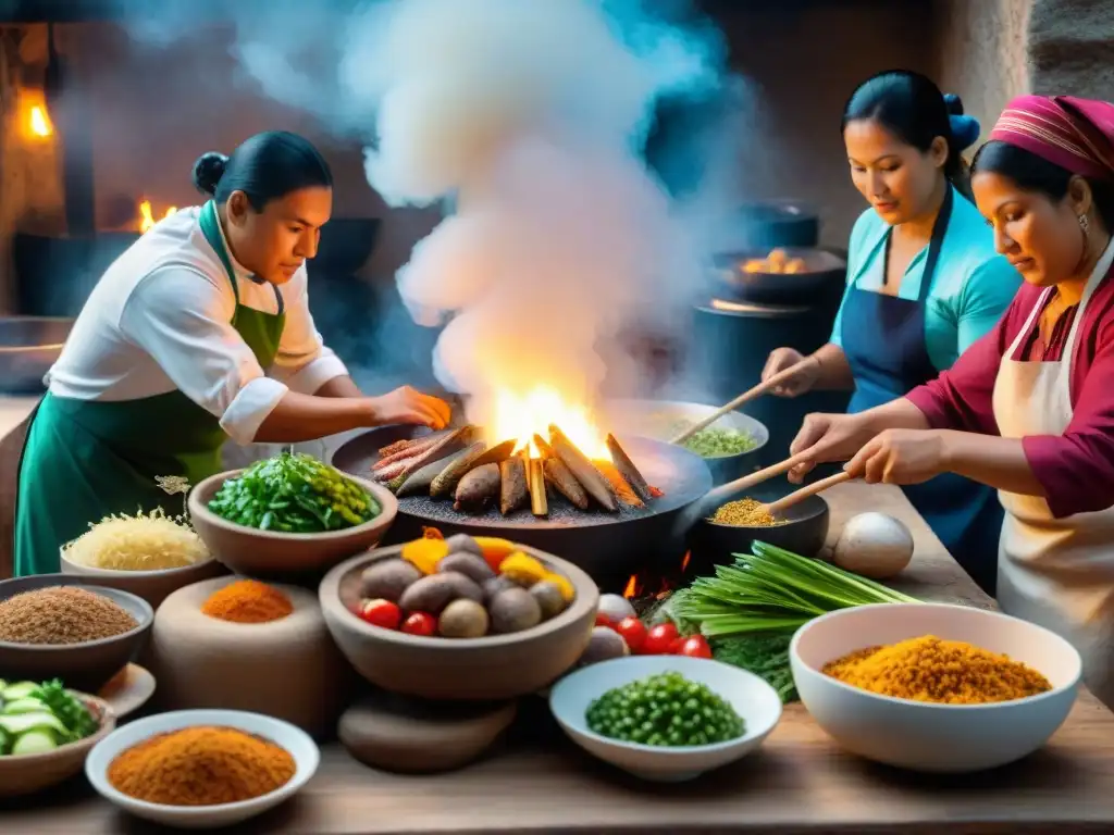 Escena detallada de una cocina peruana moderna con chefs preparando Pachamanca: ritual ancestral cocina moderna