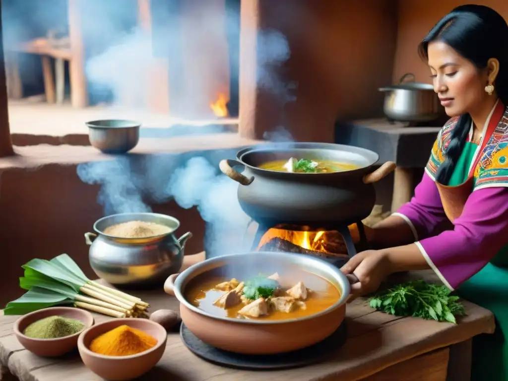 Una escena detallada de una cocina peruana tradicional con una olla de barro cocinando a fuego lento una Sopa de Inchicapi con maní