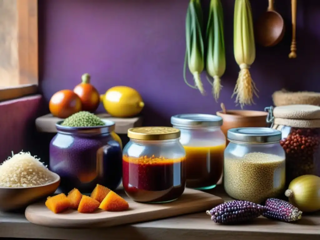 Una escena detallada de una cocina tradicional peruana con diversos alimentos fermentados y ingredientes autóctonos